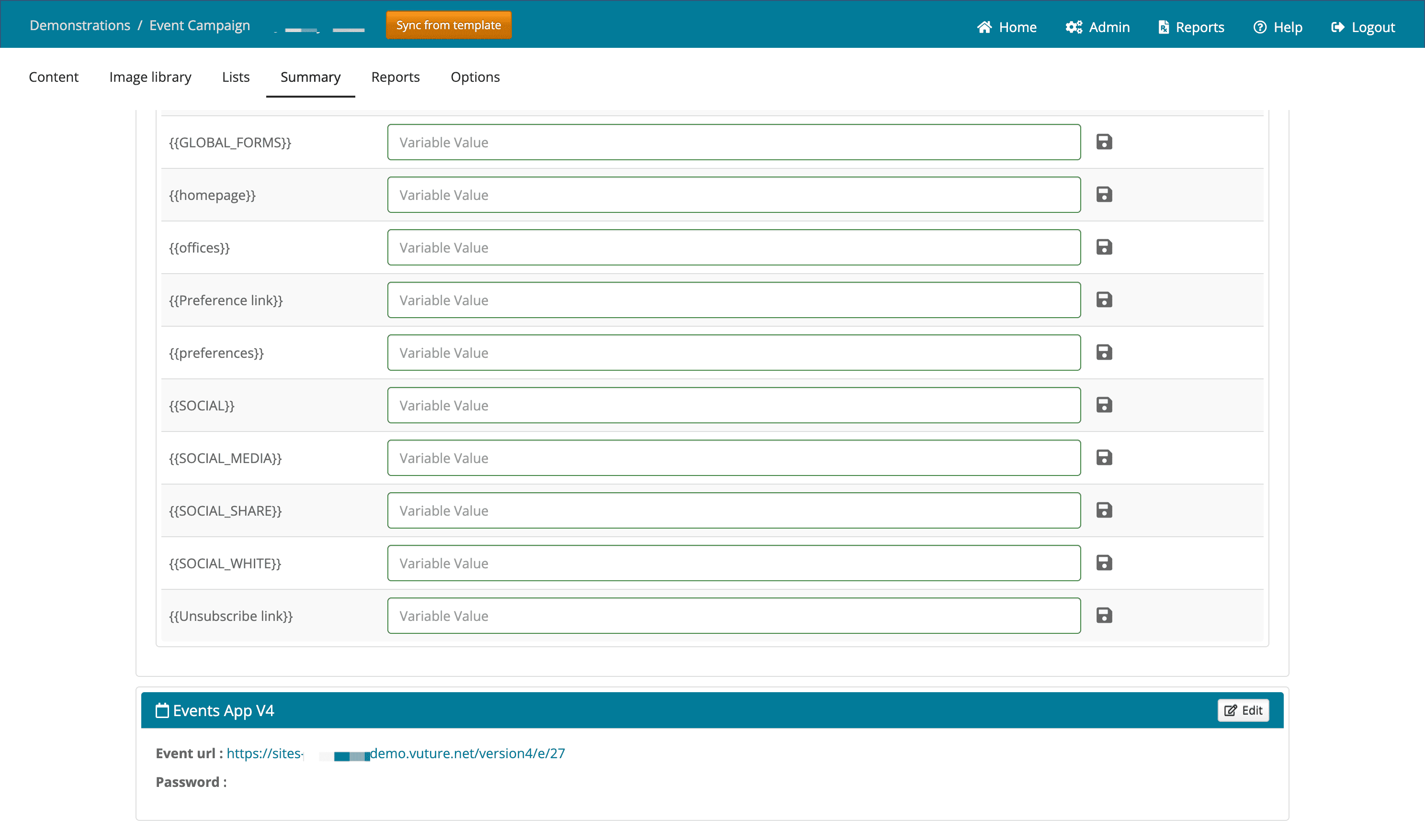 The Events App V4 panel on the campaign's Summary tab, showing the Event url link